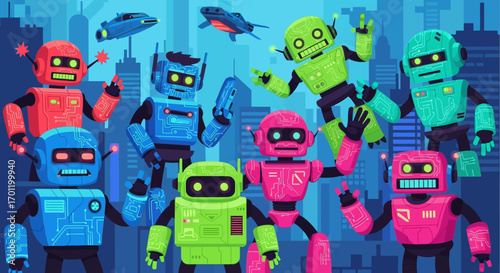 A diverse group of friendly and colorful cartoon robots illustration.