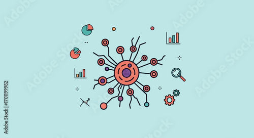 Abstract representation of a neural network with data visualization elements.