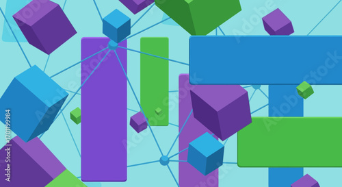 Abstract geometric shapes and cubes connected by lines.