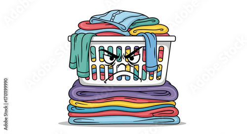 Angry laundry basket overflowing with colorful clothes on a stack.