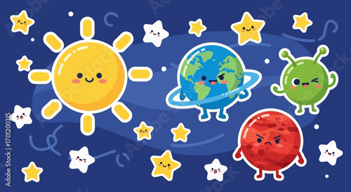Cartoon Solar System with Cute Sun, Earth, Mars, Alien, and Stars.