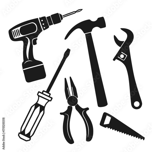 Collection of black silhouette icons representing various hand tools and a power drill isolated on a white background for design and illustration purposes
