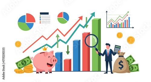 Businessman analyzing financial data for investment growth and economic success.