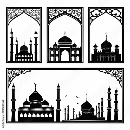 Collection of islamic mosque silhouettes featuring intricate architectural details and minarets within decorative archways and frames evoking a sense of cultural heritage and spiritual significance