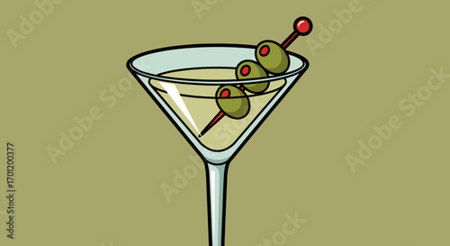 Classic Martini Cocktail with Green Olives on a Skewer.