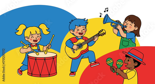 Children playing musical instruments together.