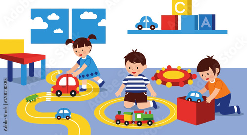 Children playing with toys in a colorful playroom environment.