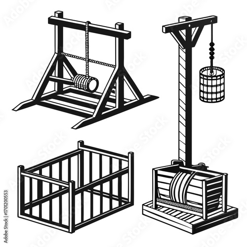 Medieval torture devices and punishment equipment illustrated in a simple black and white line art style depicting historical instruments of pain and suffering