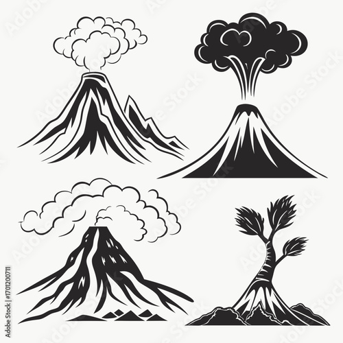 Set of stylized black and white illustrations depicting active volcanoes erupting with smoke and ash and a volcanic landscape with a lone tree