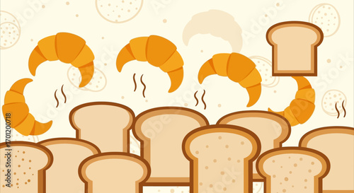 Collection of freshly baked bread slices and croissants illustration.