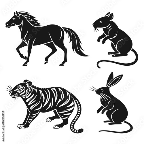 Collection of stylized black silhouettes of a horse tiger rat and rabbit on a white background representing zodiac animals and nature