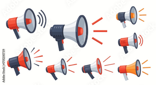 Collection of various megaphones in different colors and angles.