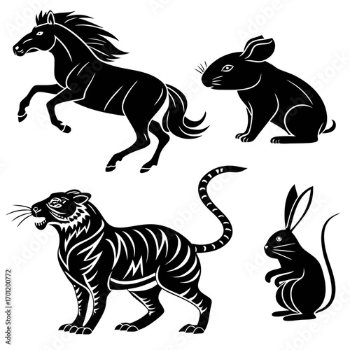 A collection of stylized black animal silhouettes including a rearing horse a sitting rabbit a standing tiger and a small rabbit all on a white background