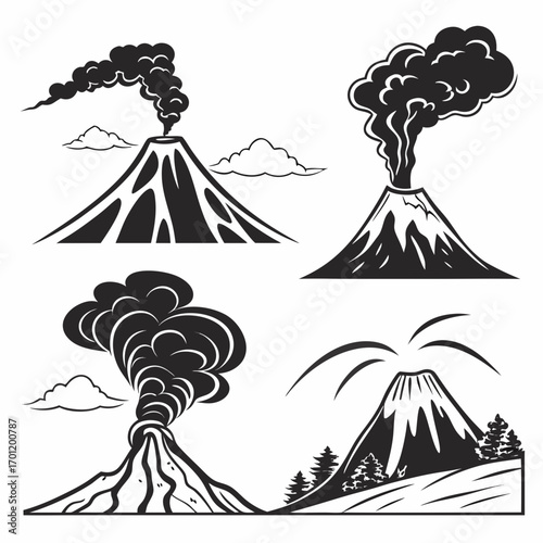 Collection of stylized black and white volcano illustrations showing eruptions with smoke and clouds in various artistic styles and perspectives