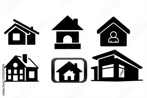 Collection of six black house icons on white background home icon building icon