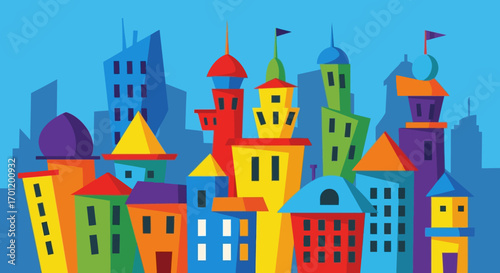 Colorful Cartoon Cityscape with Whimsical Buildings and Towers.