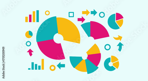Colorful data visualization elements including pie charts bar graphs and arrows representing business analysis and statistics.