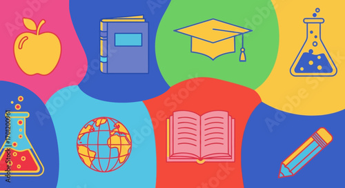 Colorful Education Icons - Apple, Books, Graduation Cap, Flasks, Globe, and Pencil.
