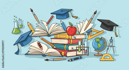 Colorful hand drawn illustration of various educational symbols.