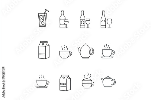 Line art icons of beverages and drinks including coffee tea milk and wine outline
