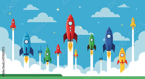 Colorful rockets launching into the sky representing innovation and progress.