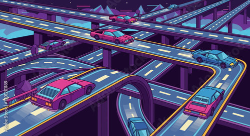 Complex highway interchange with cars driving on multiple levels.