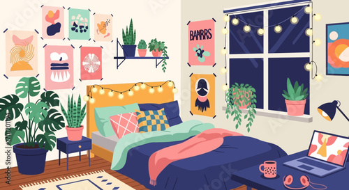 Cozy and stylish bedroom interior vector illustration.
