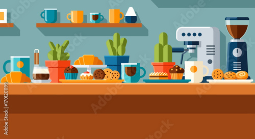 Cozy Coffee Shop Counter with Coffee Maker, Pastries, and Plants Illustration.