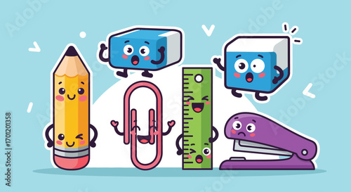 Cute Cartoon School Supplies Characters Collection Illustration.