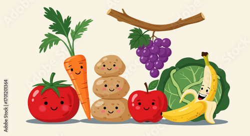 cute cartoon fruits and vegetables.