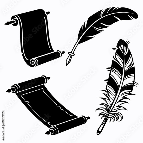 A collection of black silhouette illustrations featuring two rolled scrolls and two quill pens representing writing and historical documents