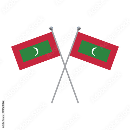 Two Maldives national flags crossed on poles flat illustration