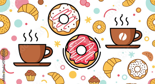 Delicious donuts and coffee cups illustration for breakfast or snack time.