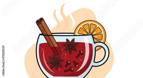 Delicious warm mulled wine with cinnamon stick and orange slice.
