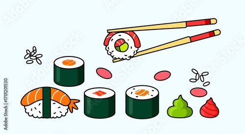 Delicious sushi rolls with chopsticks and various garnishes on display.