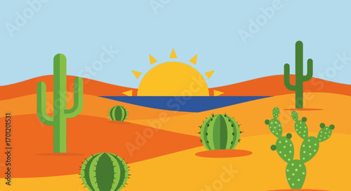 Desert landscape with cacti and the sun setting over the horizon.