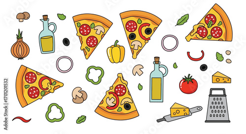 Delicious pizza slices with various toppings and ingredients illustration.
