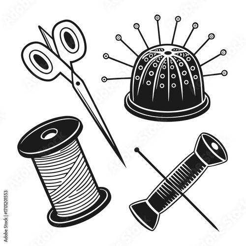 A collection of sewing tools including scissors a pincushion with pins and spools of thread with needles presented in a clean black and white illustration style