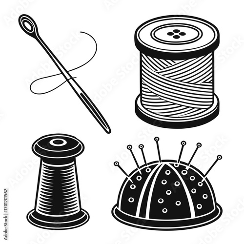 A collection of sewing and crafting tools including a needle with thread a spool of thread a thimble and a pincushion with pins on a white background