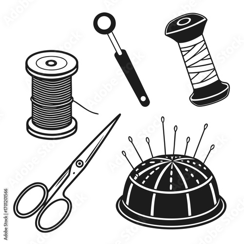 A collection of sewing tools including spools of thread scissors a seam ripper and a pincushion with pins presented in a clean graphic illustration style