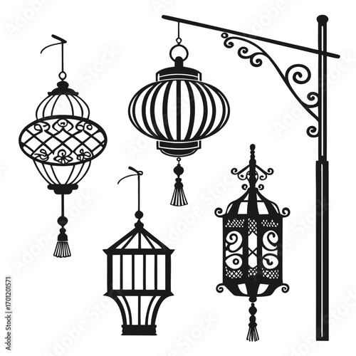 Collection of decorative black silhouette lanterns and hanging lamps with intricate designs and tassels isolated on a white background