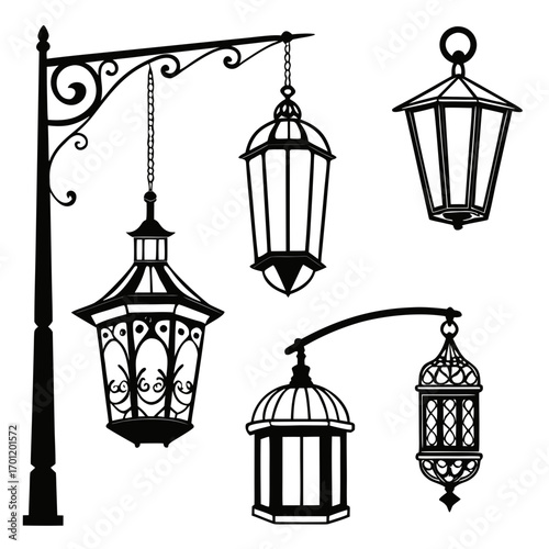 Collection of vintage black silhouette street lamps and hanging lanterns with ornate details on a white background