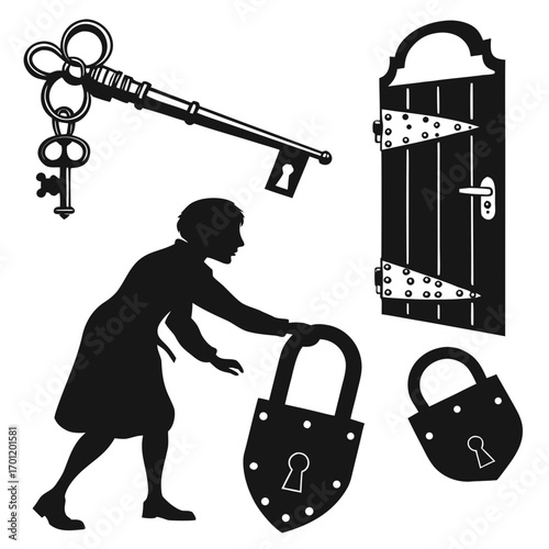 Silhouette of a woman struggling to push a large padlock towards an ornate wooden door with a vintage key hanging above symbolizing overcoming obstacles and unlocking opportunities