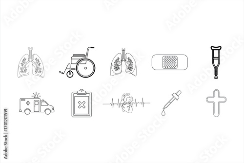 Medical icons lungs ambulance wheelchair crutch heart pulse bandage dropper cross human lungs