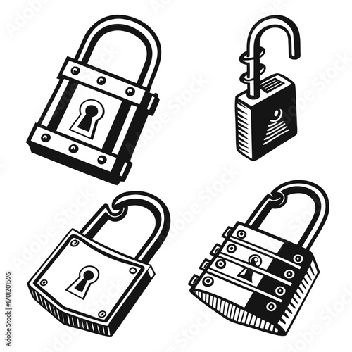 A collection of four hand drawn black and white illustrations of padlocks including a locked padlock with a keyhole an unlocked padlock and a combination lock set against a white background