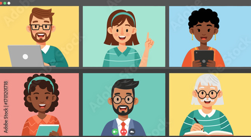 Diverse group of people connecting in a virtual video conference call.