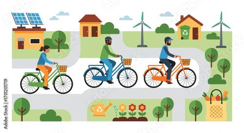 Diverse group of three people riding bicycles in a row.