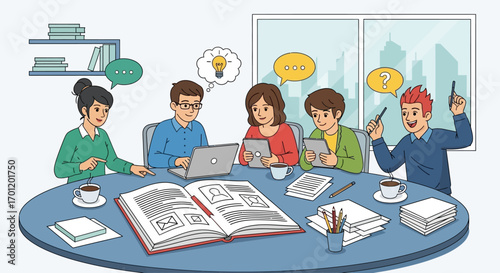 Diverse team collaborating on a project around a round table.