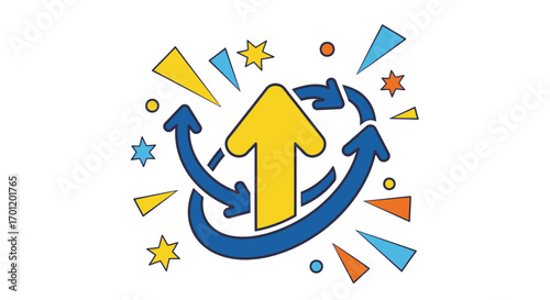 Dynamic progress cycle with upward arrow and celebratory elements.