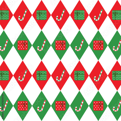 Seamless argyle pattern with gift boxes and candy canes.Colorful harlequin repeat pattern in green and red for Christmas.Winter vector graphic background for textile and prints.
